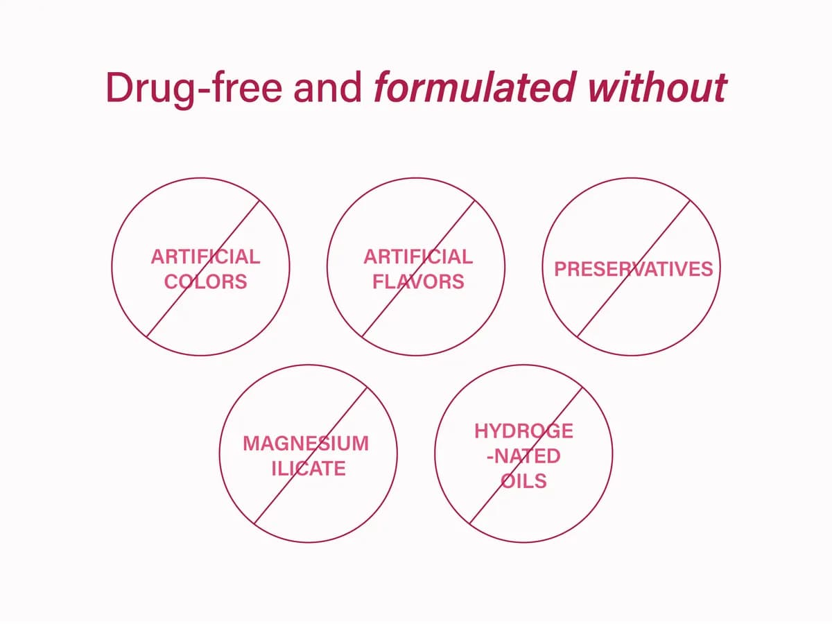 Drug-free and formulated without artificial colours, flavours, preservatives, magnesium silicate, hydrogenated oils